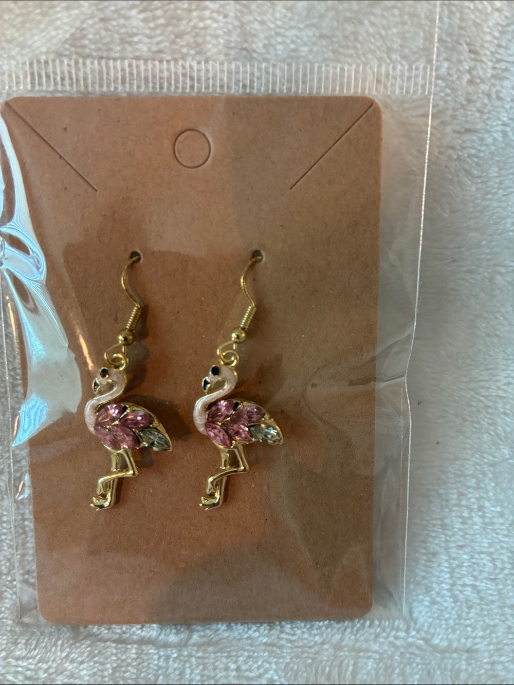Gold Flamingo Drop Earrings with Pink Crystals